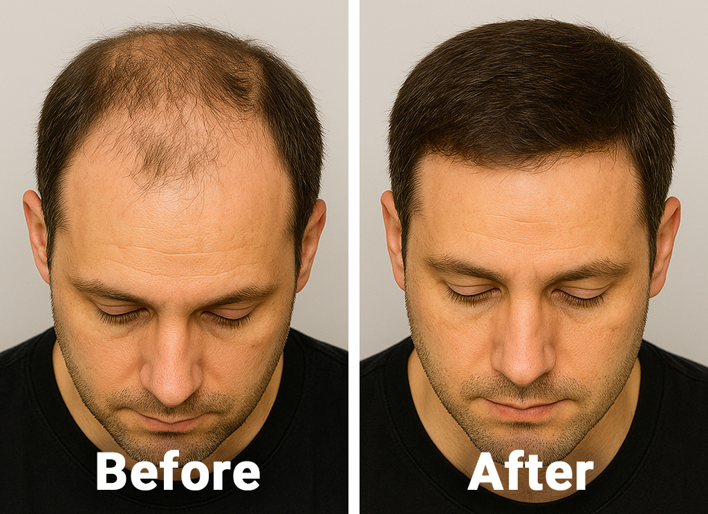 Before and after hair treatment results for male patient